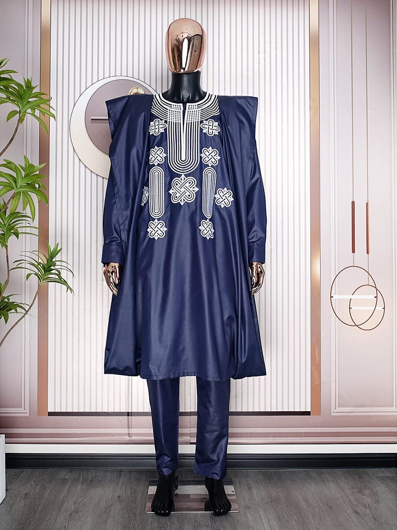 HD African Apparel Agbada Clothing Embroidery Dashiki Shirts and Pants African Men Outfits 3 Pieces, Blue L - Image 2